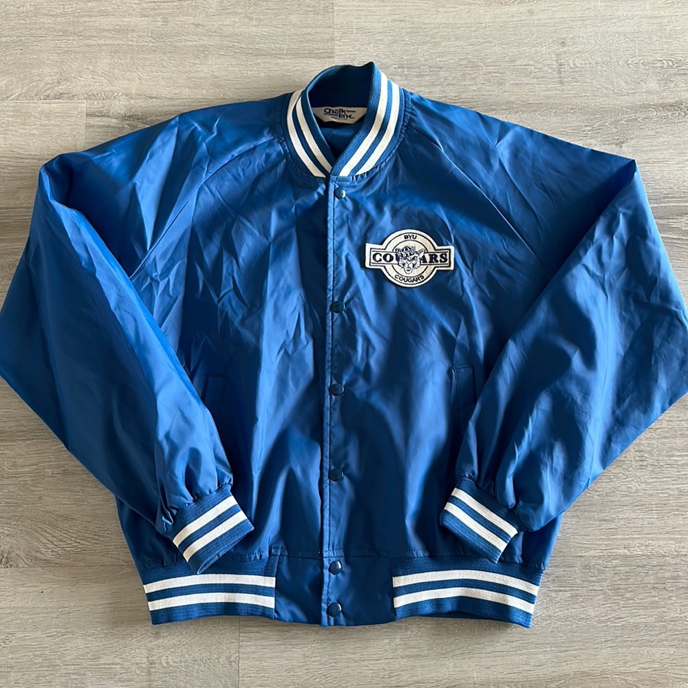 VINTAGE CHALK LINE BYU COUGARS BLUE SNAP WINDBREAKER BOMBER JACKET MENS XL